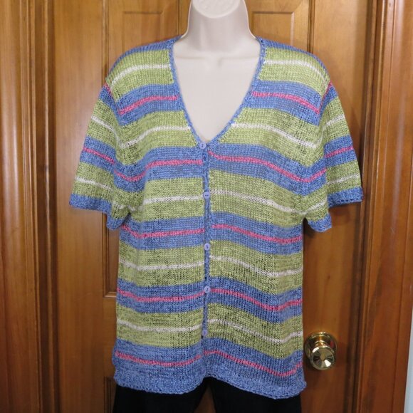 That's Me Sweater Short Sleeve Loose Weave Button Striped Multicolor Size Large - Picture 7 of 9